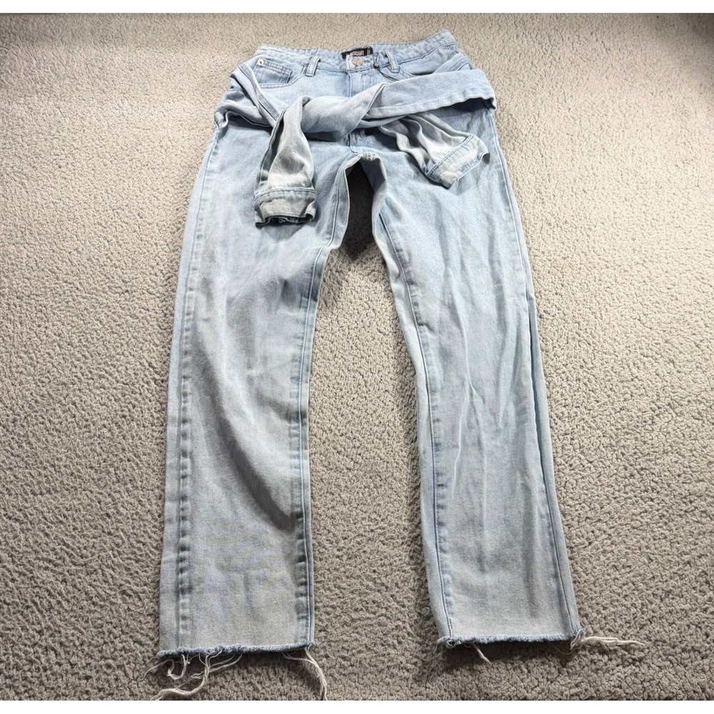 Missguided Light Wash Tie Waist Sleeve Detail Straight Leg Jeans Blue US 6